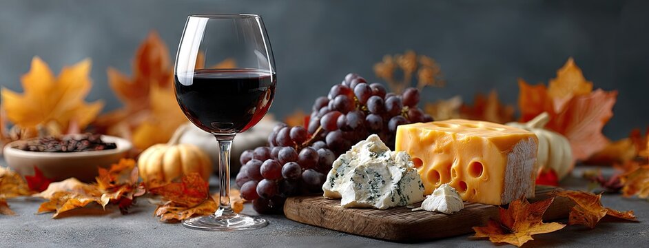 Elegant red wine glass paired with cheese and grapes on a rustic wooden table adorned with autumn leaves and cozy fabrics in a warm indoor setting