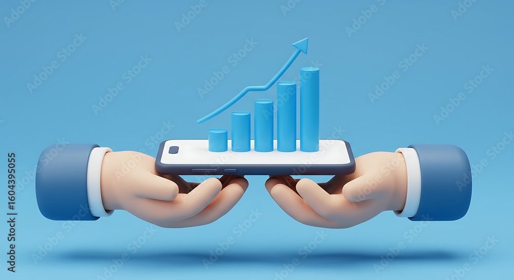 Aufkleber two cartoon hands hold a smartphone displaying a bar chart with an upward trending arrow for busines