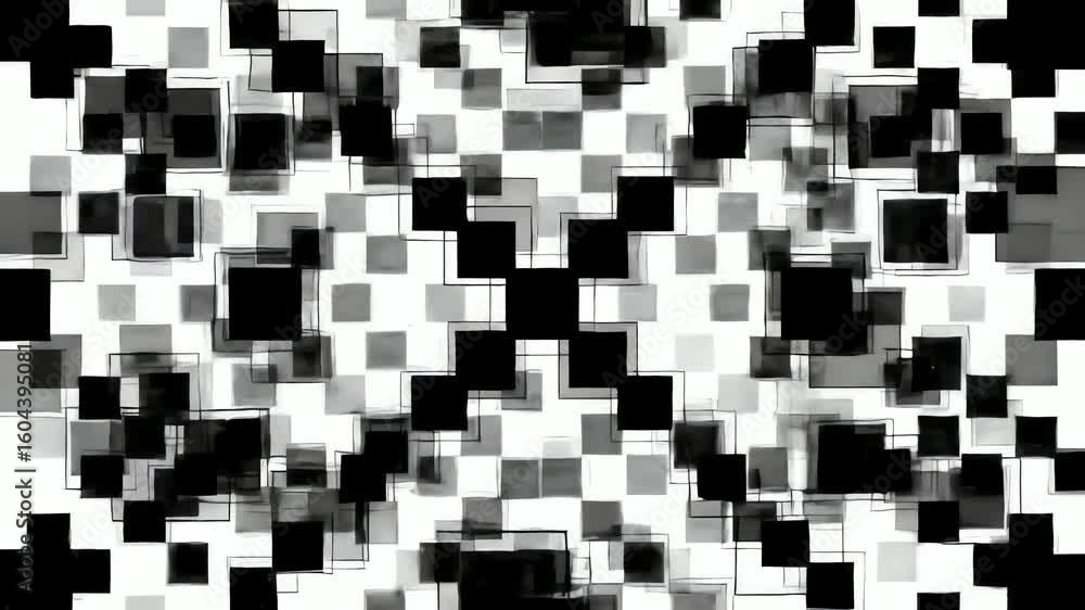 Poster abstract animation with grayscale squares, shifting and changing, creating a sense of digital chaos,