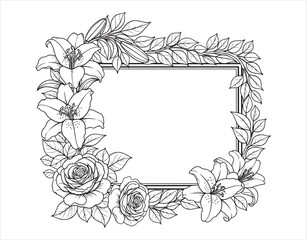 Floral monochrome decorations with a leafy border - great for a wedding invite or greeting card

