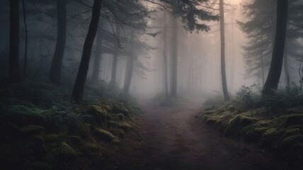 Naklejka premium A mysterious path in a dark forest covered with thick fog, muted colors, cinematic eerie lighting