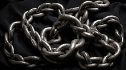Heavy metal chains twisted into knot on dark velvet fabric, moody texture-focused setup, rich contrast and shadows
