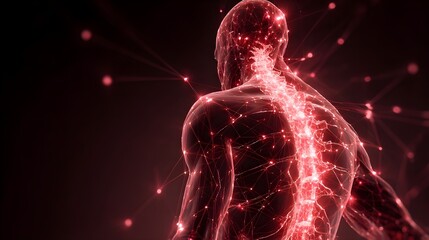 Human body with glowing red pain points on neural pathways illustrating pain or nerve stimulation, set against a dark blue 