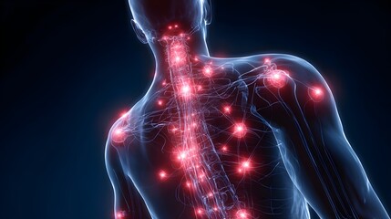 Human body with glowing red pain points on neural pathways illustrating pain or nerve stimulation, set against a dark blue 