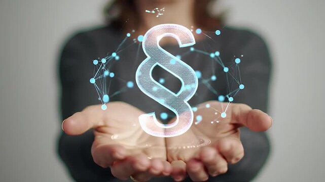 Woman Presents Holographic Paragraph Symbol Representing Legal Concepts and Justice on Gray Background