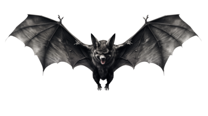Menacing bat creature with wings spread, ready for flight against a dark, mysterious backdrop isolated on white or transparent png.