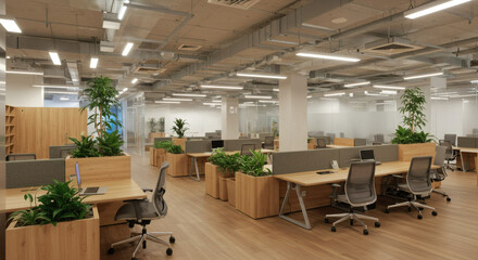 Spacious modern office interior featuring biophilic design with wooden furniture and open-plan layout for coworking