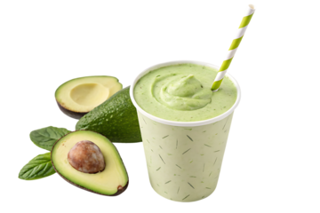 Green avocado smoothie in cup with striped straw and fresh avocado halves, isolated on a transparent background