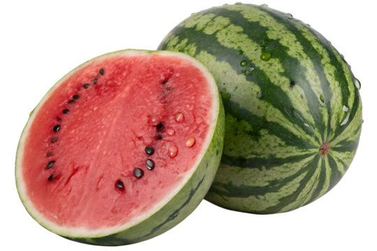 Watermelon slice revealing red flesh with black seeds next to whole striped melon, isolated on a transparent background