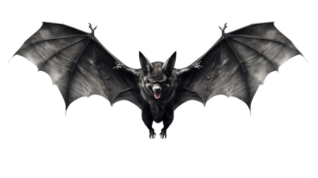 Menacing bat creature with wings spread, ready for flight against a dark, mysterious backdrop isolated on white or transparent png.