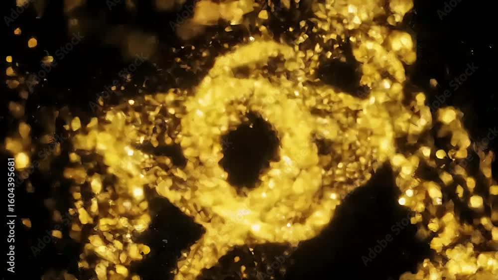 Poster golden particles swirl and flow against black backdrop, creating abstract shapes and patterns, symbo