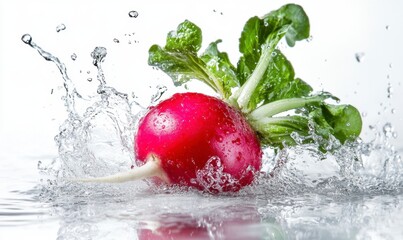 Fresh Red Radish Splashing in Water with Green Leaves Above