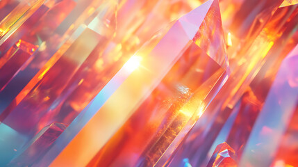 Rotating translucent prisms create seamless loop with vibrant orange and purple hues, glowing with warm light and dynamic reflections