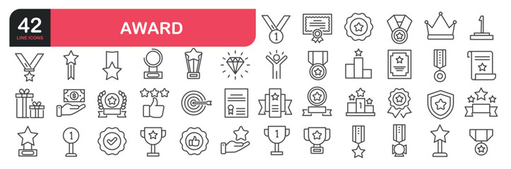 Set of line icons related to success, reward, achievement, goal. Outline icons collection. Editable stroke. Vector illustration