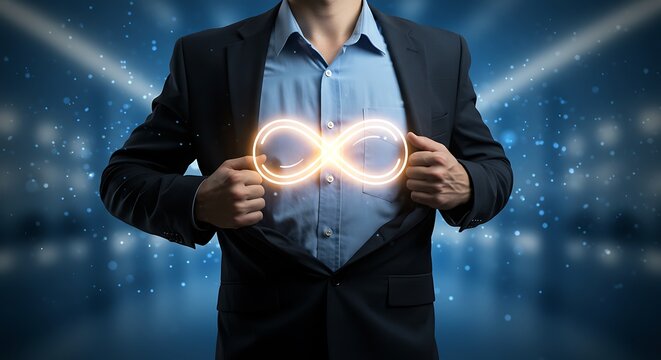 Businessman reveals glowing infinity symbol on chest representing limitless potential and opportunities