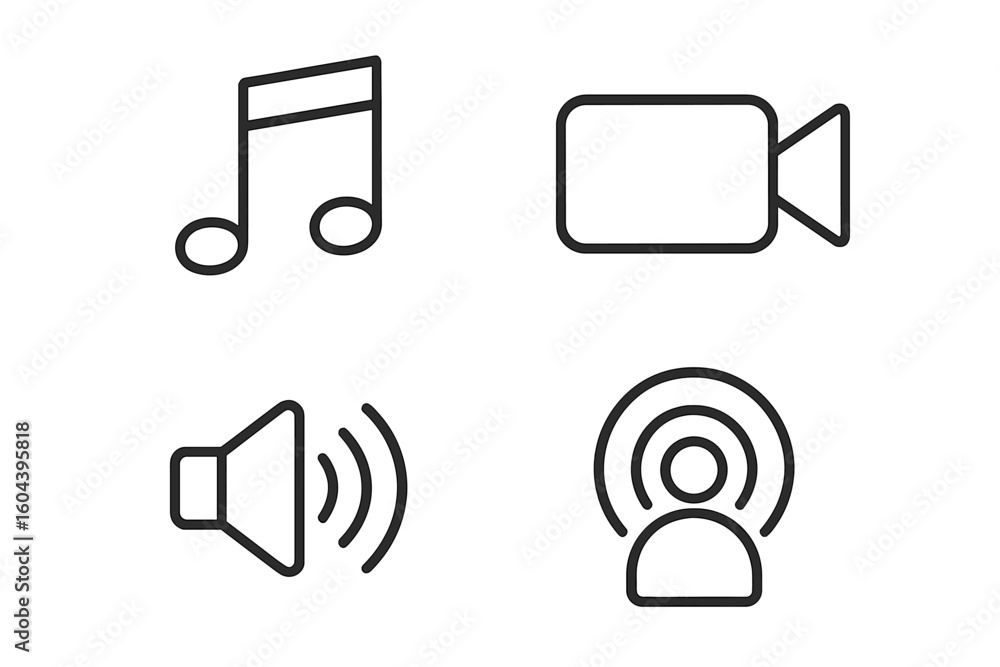 Poster audio video icon set in thin line style. music note, video camera, sound speaker, and podcast symbol