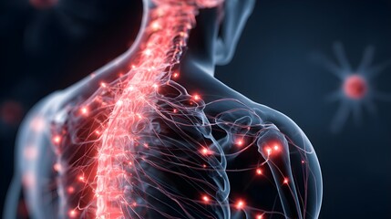 Human body with glowing red pain points on neural pathways illustrating pain or nerve stimulation, set against a dark blue 