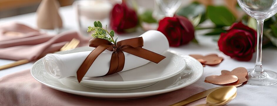 Elegant Valentine's Day table setting featuring red roses on a white plate with pink background and heart confetti creating a romantic atmosphere