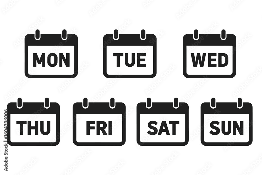 Poster calendar icons showing days of the week. vector symbol set for daily schedule, planner, and date org