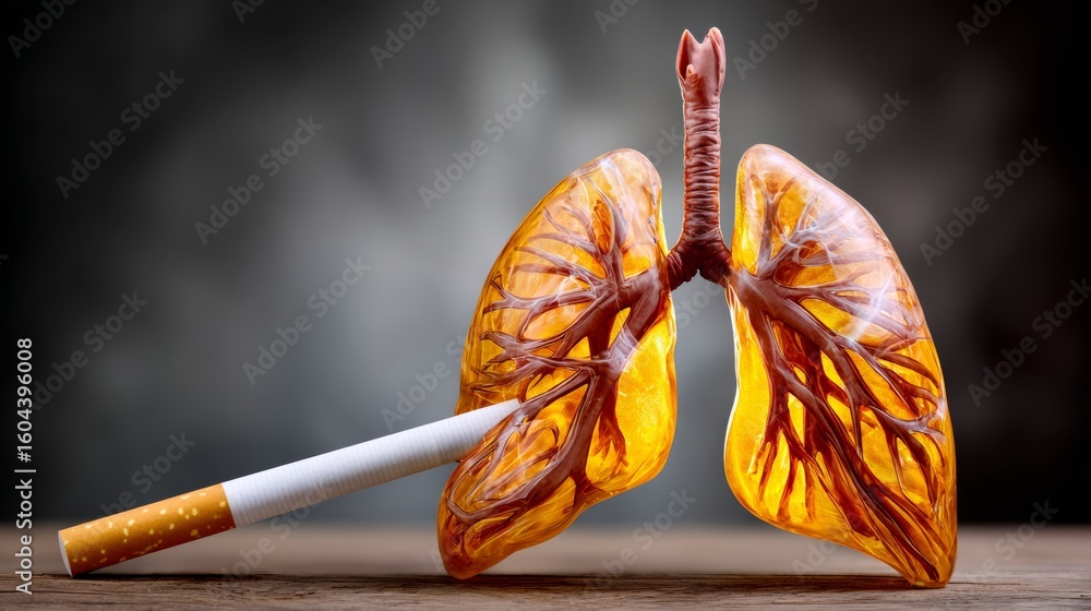 Poster lung with a cigarette in it. the cigarette is on the left side of the lung. the lung is yellow and b