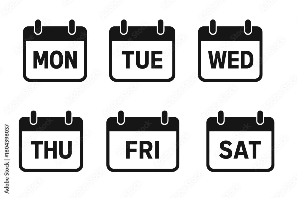 Poster week calendar icons set for planner and scheduler. days of the week symbols from monday to saturday.