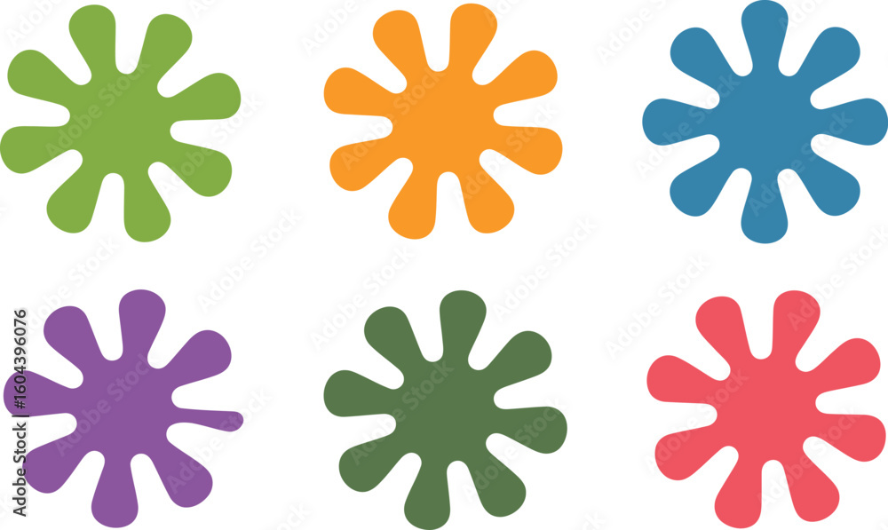 Poster six colorful splats arranged in two rows on a white background in a symmetrical composition