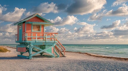 A colorful lifeguard tower stands on a sandy beach under a partly cloudy sky with calm ocean waves in the background.