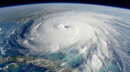 A satellite view of a massive hurricane with a distinct eye, swirling clouds, and storm bands over the ocean near landmasses.