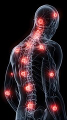 Human body with glowing red pain points on neural pathways illustrating pain or nerve stimulation, set against a dark blue 
