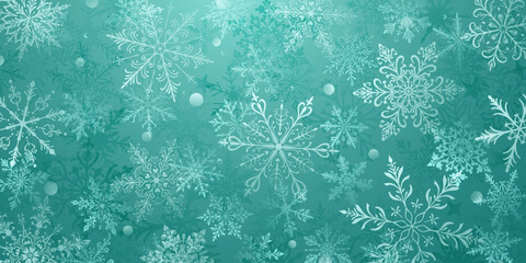 A vibrant Christmas illustration featuring large intricate snowflakes in various designs, layered with depth, interspersed with small circles, white on light blue background.
