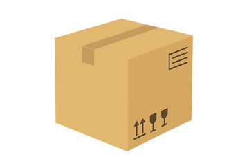 Shipping box vector illustration. Closed cardboard carton for delivery, moving, and packaging. Parcel with fragile and this side up symbols. Isolated logistics icon.