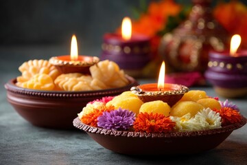 Obraz premium Two earthen bowls holding sweets flowers and lit diyas on a table