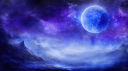 Fototapeta premium Blue moon over fantasy mountain range, nebula background, digital art
