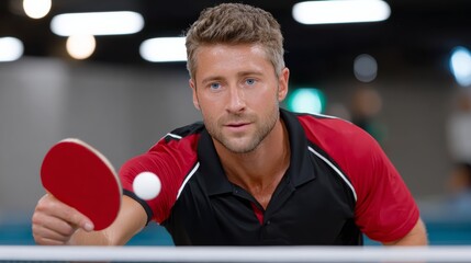 Man in a red and black shirt is playing ping pong. He is holding a paddle and a ball