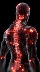 Human body with glowing red pain points on neural pathways illustrating pain or nerve stimulation, set against a dark blue 