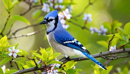 Blue jay perched amidst spring blossoms