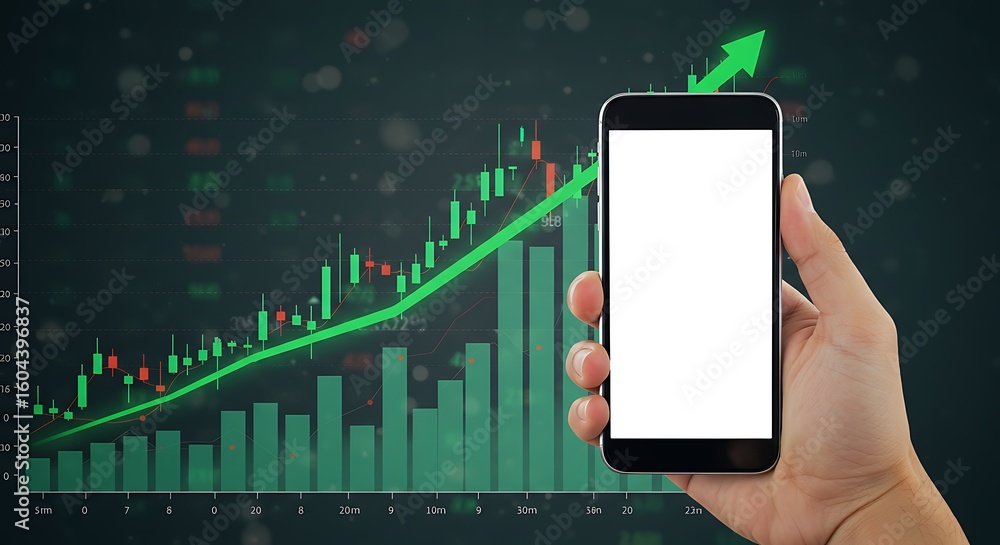 Aufkleber a hand holds a smartphone displaying a blank screen against a backdrop of a rising stock market grap