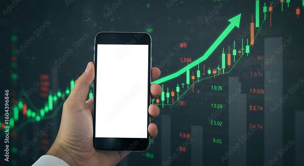 Poster a hand holds a smartphone displaying a blank screen against a backdrop of a rising stock market grap