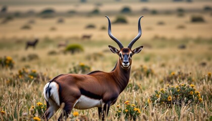 an african impala, which is a type of antelope, in an open grassland with small shrubs. it stands prominently at the center of the frame, looking towards the camera with its horns visible on its head