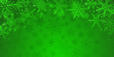 Christmas illustration in green tones featuring intricate snowflakes of varying sizes and designs arranged on top, with barely noticeable dark silhouettes of snowflakes in the background.