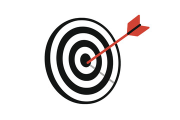 Arrow hitting the center of a target. Business goal achievement concept. Metaphor for success, strategy, marketing, investment, and reaching the objective. Mission accomplished.