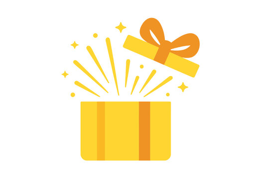 Surprise yellow gift box with open lid and sparkles. Flat vector illustration for birthday, event celebration. Concept of prize, reward, special offer, bonus, loyalty gift.
