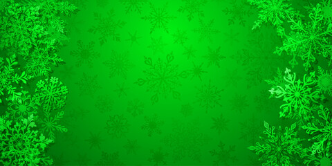 Christmas illustration in green tones featuring intricate snowflakes of varying designs placed on the sides, left and right, with barely noticeable silhouettes of snowflakes in the background.