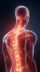 Human body with glowing red pain points on neural pathways illustrating pain or nerve stimulation, set against a dark blue 