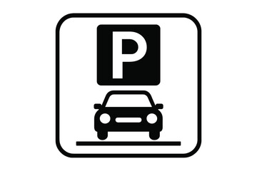 Car parking sign vector icon. Flat illustration of a parking lot symbol with a car. Road sign for vehicle park area. Simple black and white web element design.