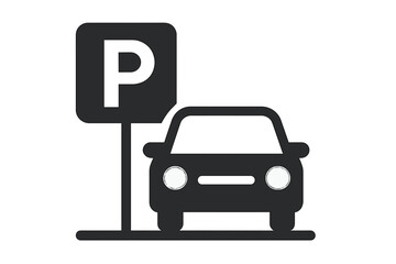 Car parking icon. Simple flat vector illustration of an automobile at a parking lot sign. Symbol for car park, traffic, transportation, or auto service on transparent background.