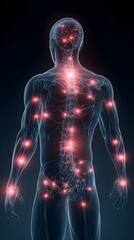 Human body with glowing red pain points on neural pathways illustrating pain or nerve stimulation, set against a dark blue 