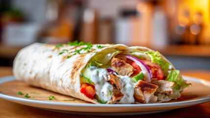 Side Profile of Shawarma Wrap with Chicken, Buckwheat, Vegetables, and Creamy Sauce