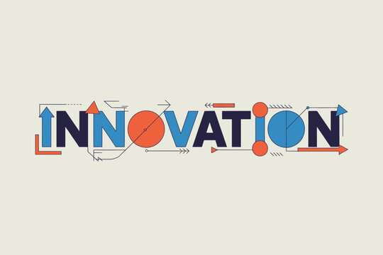The word innovation with geometric shapes and arrows in blue orange and black on a light beige background