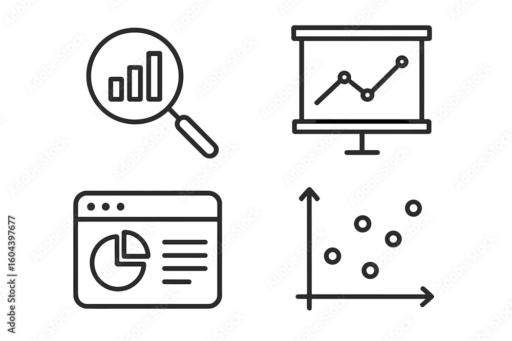 Poster data analytics and visualization set – 4 linear web icons: magnifying chart bar, analytics presentat